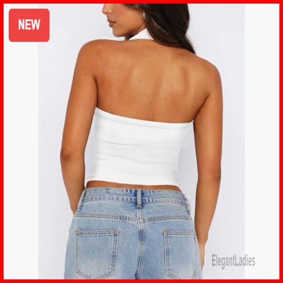 Ribbed Halter Tank Top Slim Fit Button Front Backless Crop Vest - Picture 2 of 6